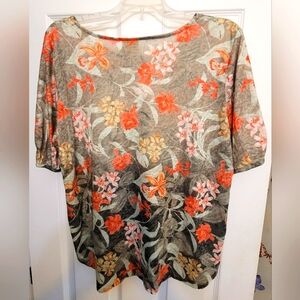 Floral Print Women's Top - Green and Orange